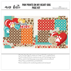 Celebrate your furry friend with this dog-themed scrapbook layout featuring polka dot and bone-patterned cardstock, stitched teal strips, die-cut ephemera including a cheerful puppy and layered hearts, and pet-themed embellishments, ideal for showcasing scrapbook layouts, scrapbook page kits, premade scrapbook pages, and DIY memory books for pet adoption days or family albums with dogs.