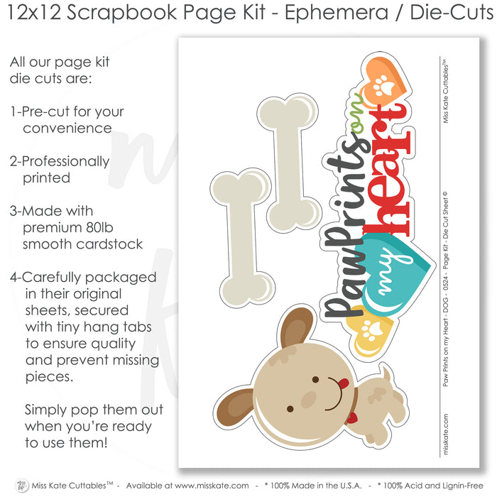 A cheerful 12x12 scrapbook page kit designed for dog lovers, with die cut bones, hearts, a layered puppy embellishment, red stars, teal stripes, paw print patterns, and orange, brown, and tan color tones, providing a heartfelt and handmade look for scrapbook pages, scrapbook page kits, scrapbook layout, and premade scrapbook pages to honor moments shared with your pup.