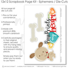 A cheerful 12x12 scrapbook page kit designed for dog lovers, with die cut bones, hearts, a layered puppy embellishment, red stars, teal stripes, paw print patterns, and orange, brown, and tan color tones, providing a heartfelt and handmade look for scrapbook pages, scrapbook page kits, scrapbook layout, and premade scrapbook pages to honor moments shared with your pup.