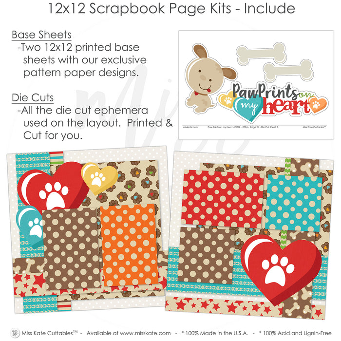 Use this dog memory scrapbook layout to preserve your pet's most lovable moments with vibrant die-cut details including red heart clusters with paw prints, tan bone embellishments, teal and orange dot backgrounds, and a friendly cartoon puppy, perfect for scrapbook pages, scrapbook layout, scrapbook page kit, and journaling pages that celebrate adoption, pet playtime, or dog birthdays.