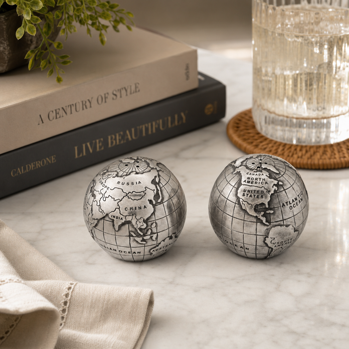Pewter World Globe Salt & Pepper Set 2