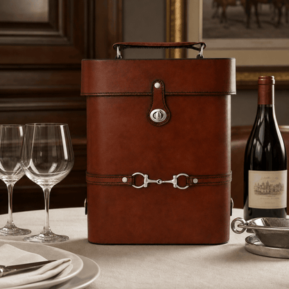 Premium Genuine Leather Double Wine Bottle Carrier / Tote with Bit Design 3