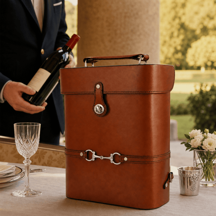 Premium Genuine Leather Double Wine Bottle Carrier / Tote with Bit Design 4