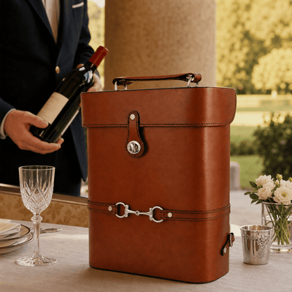 Premium Genuine Leather Double Wine Bottle Carrier / Tote with Bit Design 4