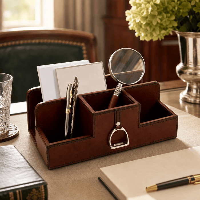 Premium Genuine Leather Stirrup Desk Organizer for Office 6