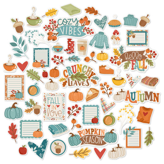 Pumpkin Season Die Cuts, main product image, showing pre-cut scrapbook embellishments for layouts, handmade cards, journals, mini albums, memory pages, and layered paper crafts. Buyer theme: Autumn Scrapbook Die Cuts for Cozy Pages. Fall die cut pack with pumpkins, leaves, mugs, sweaters, pie, blankets, journaling pieces, and cozy autumn sentiments. Visible artwork includes pumpkins, hot drink mugs, pie slices, sweaters. Coordinating patterns include autumn plaid, pumpkin toss, tiny floral dot