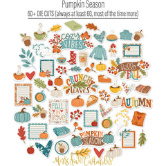 Pumpkin Season Die Cuts, die cuts spread out image, showing pre-cut scrapbook embellishments for layouts, handmade cards, journals, mini albums, memory pages, and layered paper crafts. Buyer theme: Autumn Scrapbook Die Cuts for Cozy Pages. Fall die cut pack with pumpkins, leaves, mugs, sweaters, pie, blankets, journaling pieces, and cozy autumn sentiments. Visible artwork includes sweaters, blankets, autumn leaves, acorns. Color palette includes warm cream, sage green, harvest gold