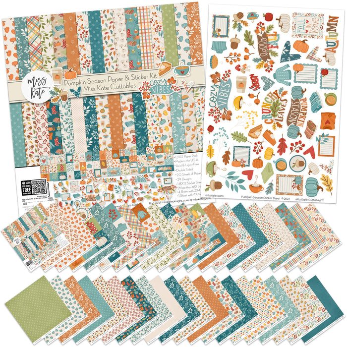 Pumpkin Season Paper & Sticker Kit, main product image, showing 12x12 scrapbook paper and coordinating stickers for scrapbook layouts, photo albums, memory keeping, cards, and paper crafts. Buyer theme: Fall Scrapbook Paper & Sticker Kit 12x12. 12x12 fall scrapbook paper and sticker kit with pumpkins, cozy icons, harvest colors, and coordinating autumn embellishments. Visible artwork includes pumpkins, hot drink mugs, pie slices, sweaters. Designed for scrapbook pages, card making, mini albums