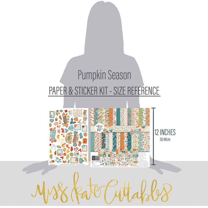 Pumpkin Season Paper & Sticker Kit, size guide image, showing 12x12 scrapbook paper and coordinating stickers for scrapbook layouts, photo albums, memory keeping, cards, and paper crafts. Buyer theme: Fall Scrapbook Paper & Sticker Kit 12x12. 12x12 fall scrapbook paper and sticker kit with pumpkins, cozy icons, harvest colors, and coordinating autumn embellishments. Visible artwork includes sweaters, blankets, autumn leaves, acorns. Color palette includes warm cream, sage green, harvest gold