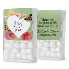 XOXOKristen front and back of Tic Tac boxes with floral “Mint to Be” sticker, butterfly details, and elegant wedding thank you text – XOXOKristen