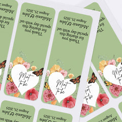 XOXOKristen printed sticker sheets of floral “Mint to Be” wedding favor labels with heart shape, pastel green base, and butterflies – XOXOKristen
