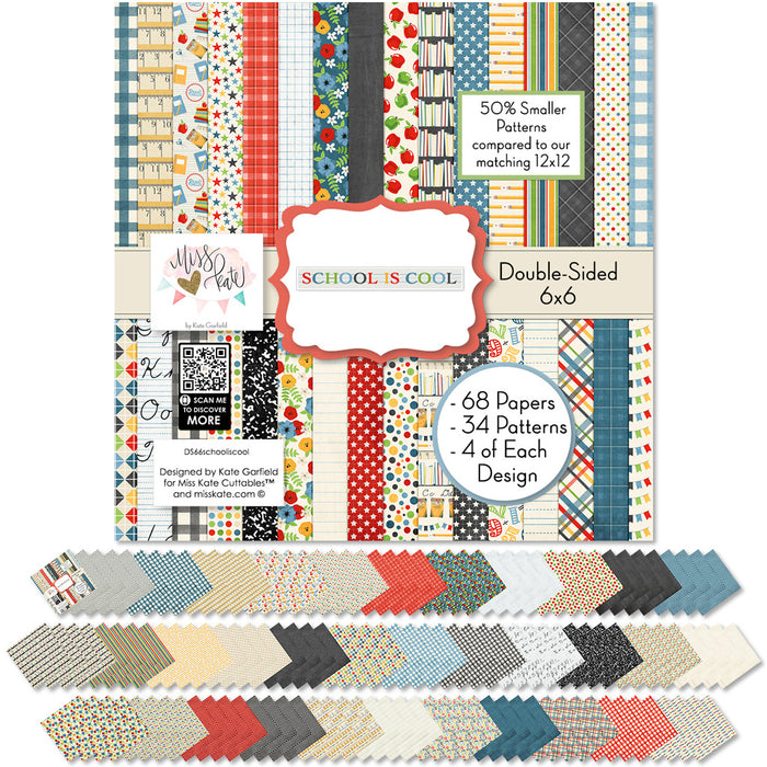 School is Cool 6x6 Double-Sided Paper Pack, 6x6 cover and paper spread out image, showing 6x6 scrapbook paper for handmade cards, mini albums, junk journals, paper layering, small-scale layouts, and coordinated paper crafts. Buyer theme: School 6x6 Scrapbook Paper for Cards & Mini Albums. School is Cool 6x6 Double-Sided Paper Pack with scaled school gingham, rulers, stars, apples, books, pencils, graph paper and classroom patterns for cards and mini albums