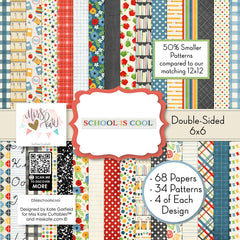 School is Cool 6x6 Double-Sided Paper Pack, high resolution cover image, showing 6x6 scrapbook paper for handmade cards, mini albums, junk journals, paper layering, small-scale layouts, and coordinated paper crafts. Buyer theme: School 6x6 Scrapbook Paper for Cards & Mini Albums. School is Cool 6x6 Double-Sided Paper Pack with scaled school gingham, rulers, stars, apples, books, pencils, graph paper and classroom patterns for cards and mini albums