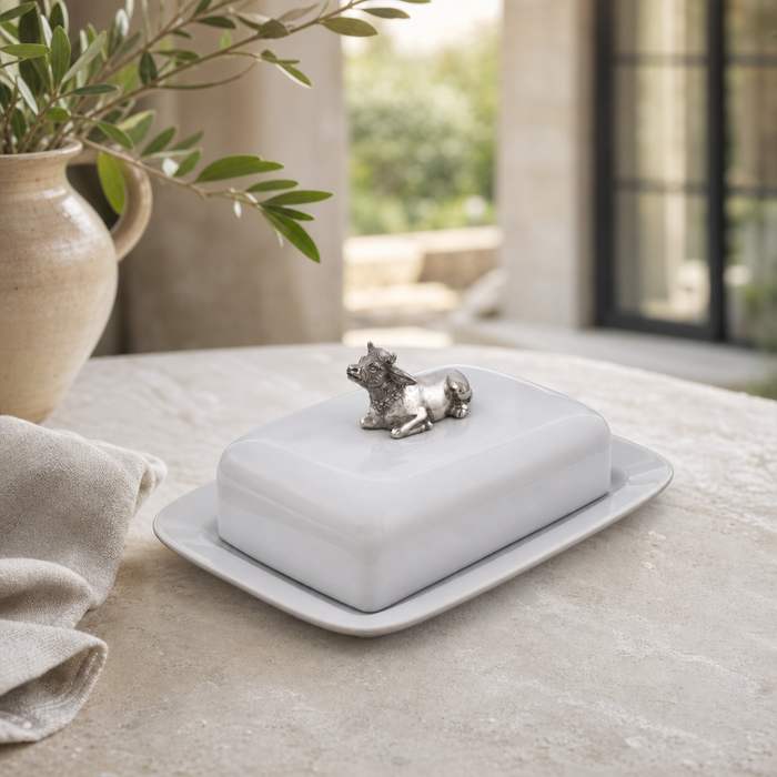 Stoneware Butter Dish with Pewter Mabel the Cow 2