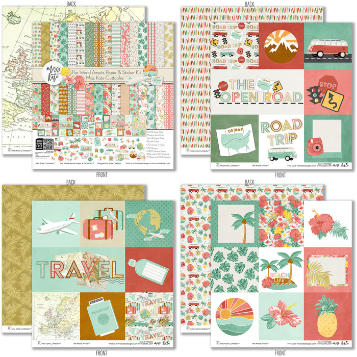 The World Awaits Paper & Sticker Kit, 12x12 paper designs cover to 6 preview, showing 12x12 scrapbook paper and coordinating stickers for scrapbook layouts, photo albums, memory keeping, cards, and paper crafts. Buyer theme: Travel & Vacation Scrapbook Paper & Sticker Kit. 12x12 travel paper and sticker kit with tropical florals, maps, vans, airplanes and vacation-themed cut-apart elements. Visible artwork includes globe, map, vintage van, suitcase. Color palette includes charcoal, coral, mint