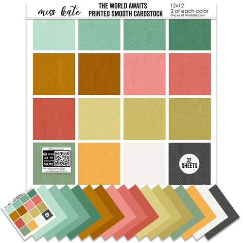 The World Awaits Cardstock, main product image, showing 12x12 printed smooth cardstock for scrapbook page bases, photo mats, card making, die cutting, titles, borders, and layered paper projects. Buyer theme: Tropical Travel Printed Smooth Cardstock. Coordinating printed smooth cardstock in tropical vacation colors including mint, teal, coral, gold, yellow, sage, white and charcoal. Visible artwork includes hibiscus flowers, plumeria flowers, monstera leaves, palm fronds