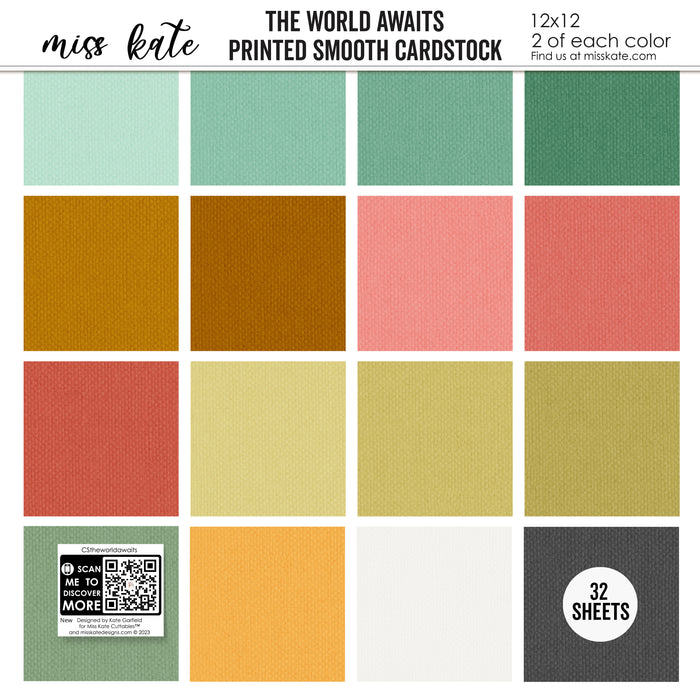 The World Awaits Cardstock, high resolution cover image, showing 12x12 printed smooth cardstock for scrapbook page bases, photo mats, card making, die cutting, titles, borders, and layered paper projects. Buyer theme: Tropical Travel Printed Smooth Cardstock. Coordinating printed smooth cardstock in tropical vacation colors including mint, teal, coral, gold, yellow, sage, white and charcoal. Visible artwork includes plumeria flowers, monstera leaves, palm fronds, airplane