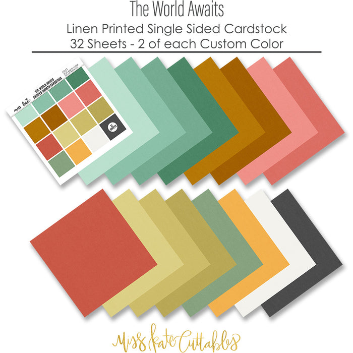 The World Awaits Cardstock, papers spread out image, showing 12x12 printed smooth cardstock for scrapbook page bases, photo mats, card making, die cutting, titles, borders, and layered paper projects. Buyer theme: Tropical Travel Printed Smooth Cardstock. Coordinating printed smooth cardstock in tropical vacation colors including mint, teal, coral, gold, yellow, sage, white and charcoal. Visible artwork includes palm fronds, airplane, passport, camera