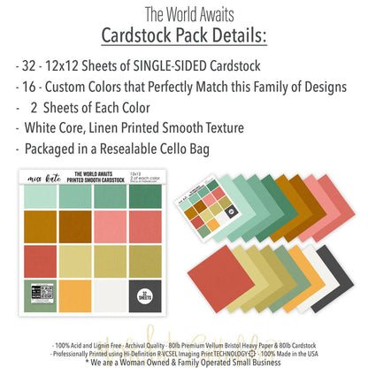 The World Awaits Cardstock, includes image, showing 12x12 printed smooth cardstock for scrapbook page bases, photo mats, card making, die cutting, titles, borders, and layered paper projects. Buyer theme: Tropical Travel Printed Smooth Cardstock. Coordinating printed smooth cardstock in tropical vacation colors including mint, teal, coral, gold, yellow, sage, white and charcoal. Visible artwork includes airplane, passport, camera, globe. Color palette includes yellow, sage, white