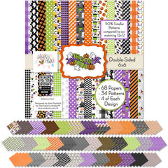 Trick or Treat 6x6 Double-Sided Paper Pack, 6x6 cover and paper spread out image, showing 6x6 scrapbook paper for handmade cards, mini albums, junk journals, paper layering, small-scale layouts, and coordinated paper crafts. Buyer theme: Cute Halloween 6x6 Paper Pack. Trick or Treat 6x6 double-sided scrapbook paper with scaled cute Halloween patterns for cards, mini albums and journals