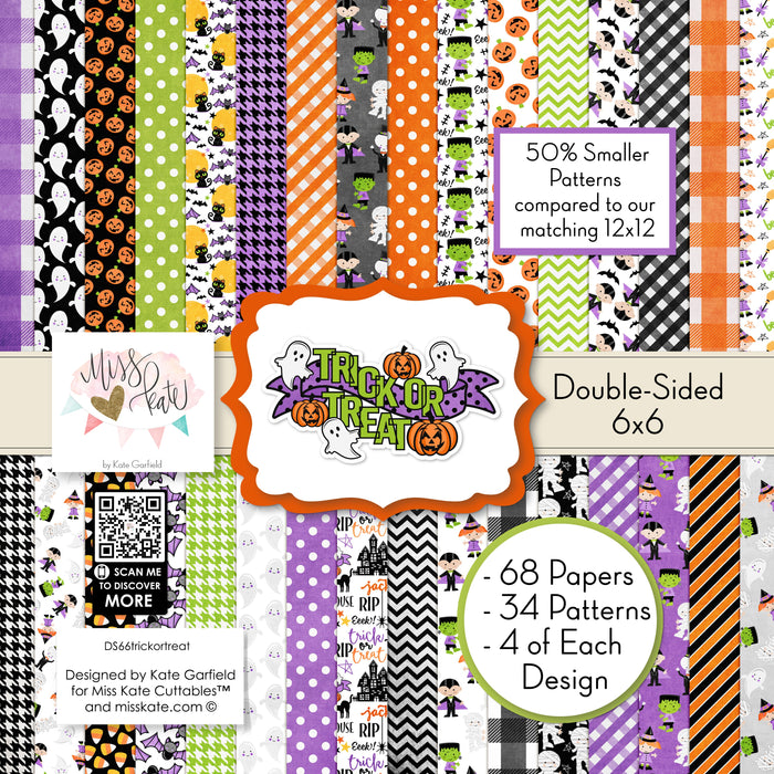 Trick or Treat 6x6 Double-Sided Paper Pack, high resolution cover image, showing 6x6 scrapbook paper for handmade cards, mini albums, junk journals, paper layering, small-scale layouts, and coordinated paper crafts. Buyer theme: Cute Halloween 6x6 Paper Pack. Trick or Treat 6x6 double-sided scrapbook paper with scaled cute Halloween patterns for cards, mini albums and journals. Card making paper, mini album paper, junk journal paper, small scrapbook patterns, and coordinated craft paper