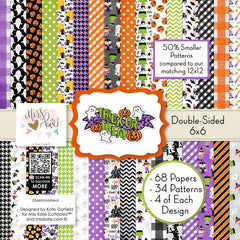 Trick or Treat 6x6 Double-Sided Paper Pack, high resolution cover image, showing 6x6 scrapbook paper for handmade cards, mini albums, junk journals, paper layering, small-scale layouts, and coordinated paper crafts. Buyer theme: Cute Halloween 6x6 Paper Pack. Trick or Treat 6x6 double-sided scrapbook paper with scaled cute Halloween patterns for cards, mini albums and journals. Card making paper, mini album paper, junk journal paper, small scrapbook patterns, and coordinated craft paper