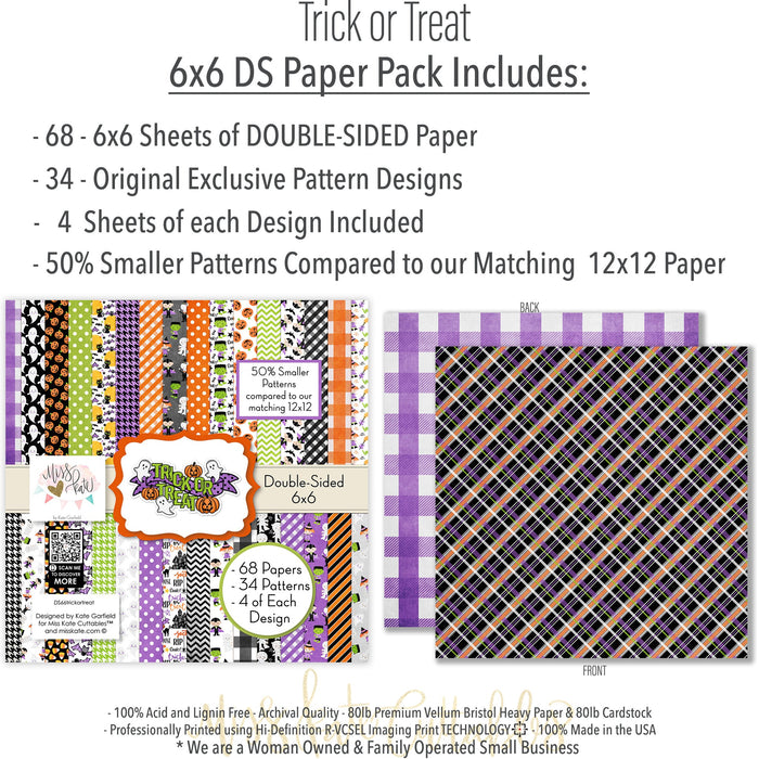 Trick or Treat 6x6 Double-Sided Paper Pack, 6x6 paper pack cover and includes preview, showing 6x6 scrapbook paper for handmade cards, mini albums, junk journals, paper layering, small-scale layouts, and coordinated paper crafts. Buyer theme: Cute Halloween 6x6 Paper Pack. Trick or Treat 6x6 double-sided scrapbook paper with scaled cute Halloween patterns for cards, mini albums and journals