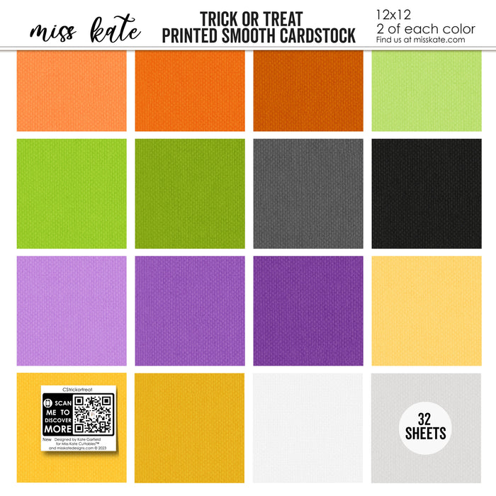 Trick or Treat Cardstock, high resolution cover image, showing 12x12 printed smooth cardstock for scrapbook page bases, photo mats, card making, die cutting, titles, borders, and layered paper projects. Buyer theme: Halloween Printed Smooth Cardstock. Trick or Treat Printed Smooth Cardstock in sixteen coordinating orange, yellow, green, purple, gray, black and white linen-look colors for Halloween paper crafting
