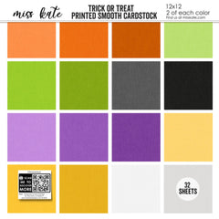 Trick or Treat Cardstock, high resolution cover image, showing 12x12 printed smooth cardstock for scrapbook page bases, photo mats, card making, die cutting, titles, borders, and layered paper projects. Buyer theme: Halloween Printed Smooth Cardstock. Trick or Treat Printed Smooth Cardstock in sixteen coordinating orange, yellow, green, purple, gray, black and white linen-look colors for Halloween paper crafting