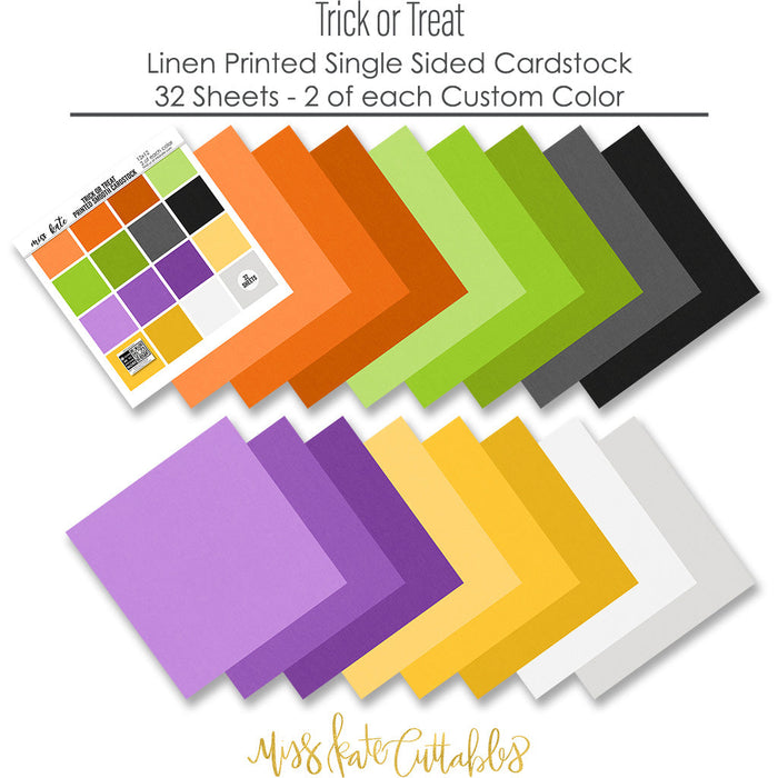 Trick or Treat Cardstock, papers spread out image, showing 12x12 printed smooth cardstock for scrapbook page bases, photo mats, card making, die cutting, titles, borders, and layered paper projects. Buyer theme: Halloween Printed Smooth Cardstock. Trick or Treat Printed Smooth Cardstock in sixteen coordinating orange, yellow, green, purple, gray, black and white linen-look colors for Halloween paper crafting