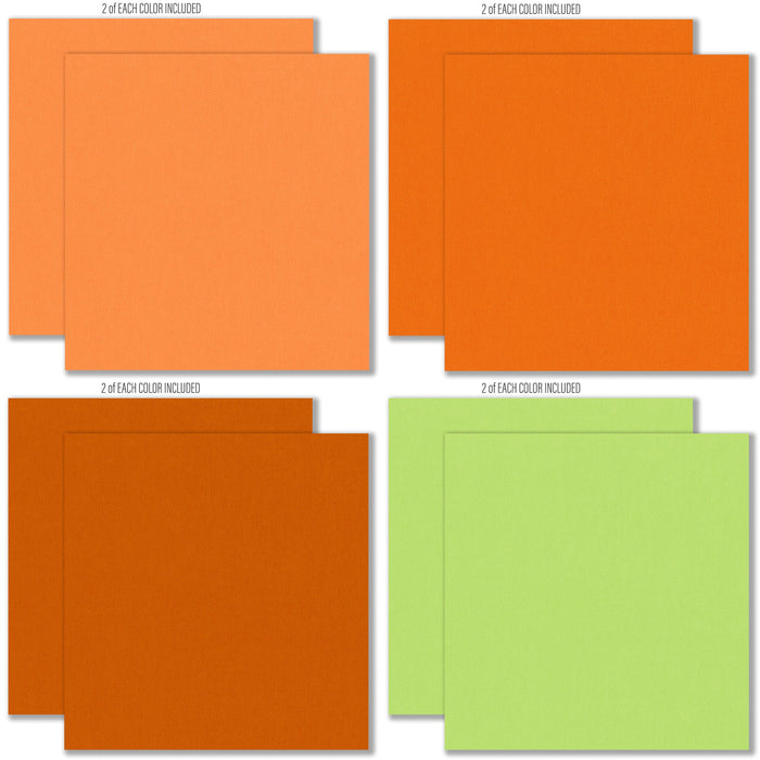 Trick or Treat Cardstock, cardstock paper patterns 1 through 8 preview, showing 12x12 printed smooth cardstock for scrapbook page bases, photo mats, card making, die cutting, titles, borders, and layered paper projects. Buyer theme: Halloween Printed Smooth Cardstock. Trick or Treat Printed Smooth Cardstock in sixteen coordinating orange, yellow, green, purple, gray, black and white linen-look colors for Halloween paper crafting