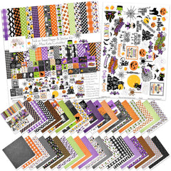 Trick or Treat Paper & Sticker Kit, main product image, showing 12x12 scrapbook paper and coordinating stickers for scrapbook layouts, photo albums, memory keeping, cards, and paper crafts. Buyer theme: Cute Halloween 12x12 Paper & Sticker Kit. 12x12 Trick or Treat Paper & Sticker Kit with 39 cute Halloween paper designs, 4x4 and 4x6 element sheets and a coordinating spooky-cute sticker sheet. Useful for documenting photographs, celebrations, milestones, everyday moments, and favorite memories