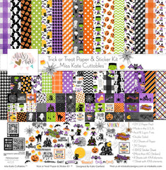 Trick or Treat Paper & Sticker Kit, high resolution cover image, showing 12x12 scrapbook paper and coordinating stickers for scrapbook layouts, photo albums, memory keeping, cards, and paper crafts. Buyer theme: Cute Halloween 12x12 Paper & Sticker Kit. 12x12 Trick or Treat Paper & Sticker Kit with 39 cute Halloween paper designs, 4x4 and 4x6 element sheets and a coordinating spooky-cute sticker sheet