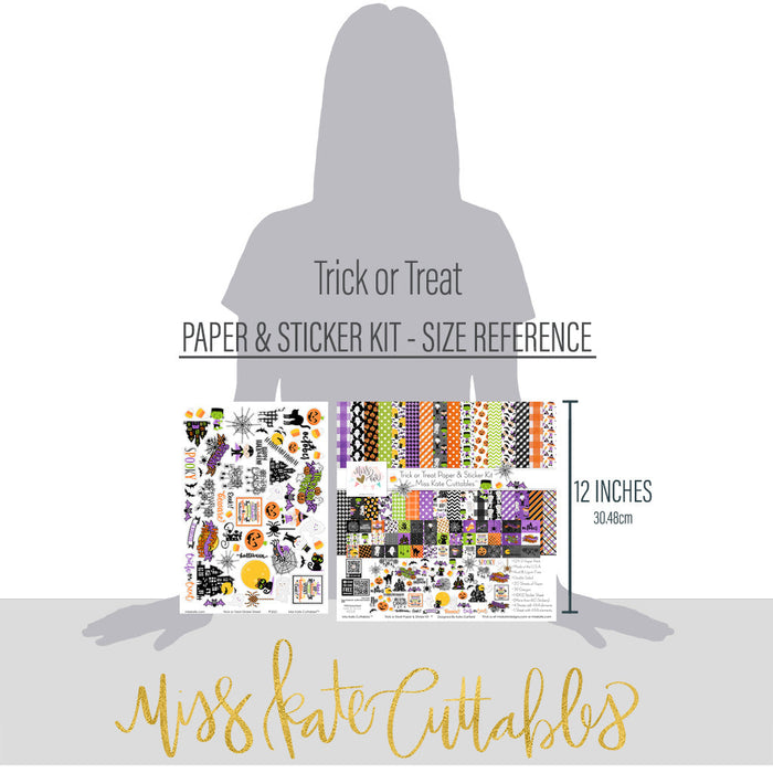 Trick or Treat Paper & Sticker Kit, size guide image, showing 12x12 scrapbook paper and coordinating stickers for scrapbook layouts, photo albums, memory keeping, cards, and paper crafts. Buyer theme: Cute Halloween 12x12 Paper & Sticker Kit. 12x12 Trick or Treat Paper & Sticker Kit with 39 cute Halloween paper designs, 4x4 and 4x6 element sheets and a coordinating spooky-cute sticker sheet. Useful for documenting photographs, celebrations, milestones, everyday moments, and favorite memories