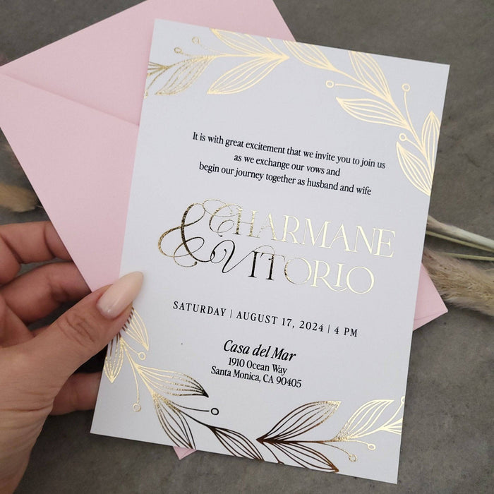 White Wedding Invitations with Gold Foil - XOXOKristen