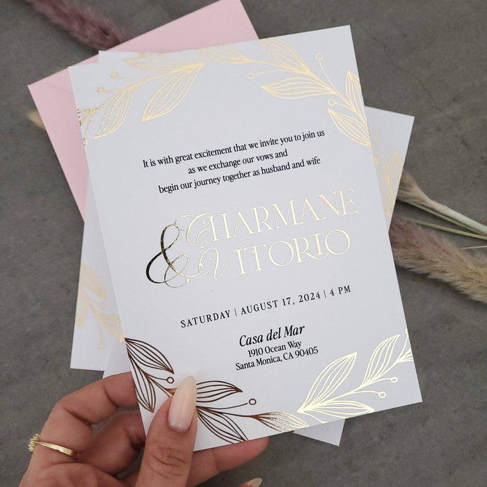 White Wedding Invitations with Gold Foil - XOXOKristen