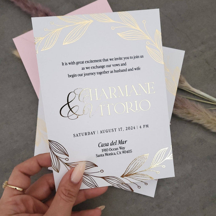 White Wedding Invitations with Gold Foil - XOXOKristen