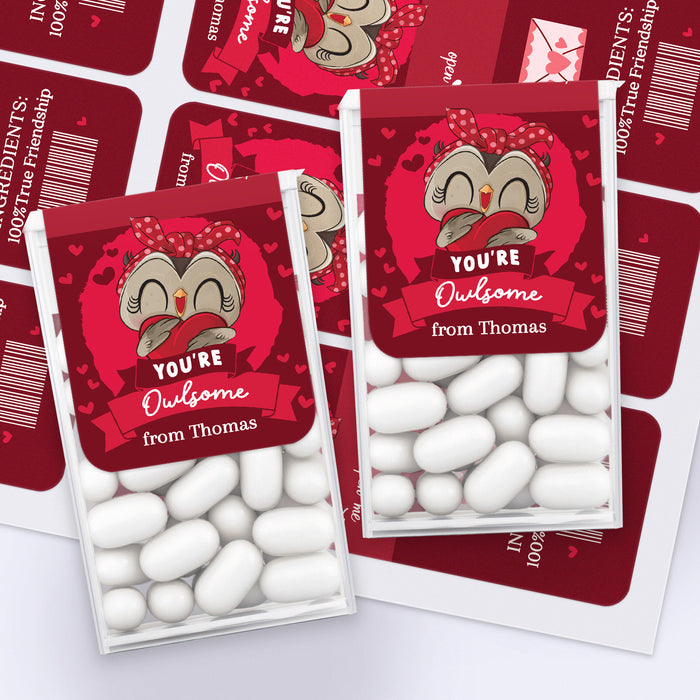 XOXOKristen classroom Valentine favors with multiple Tic Tac boxes decorated in owl-themed “You’re Owlsome” personalized stickers – XOXOKristen