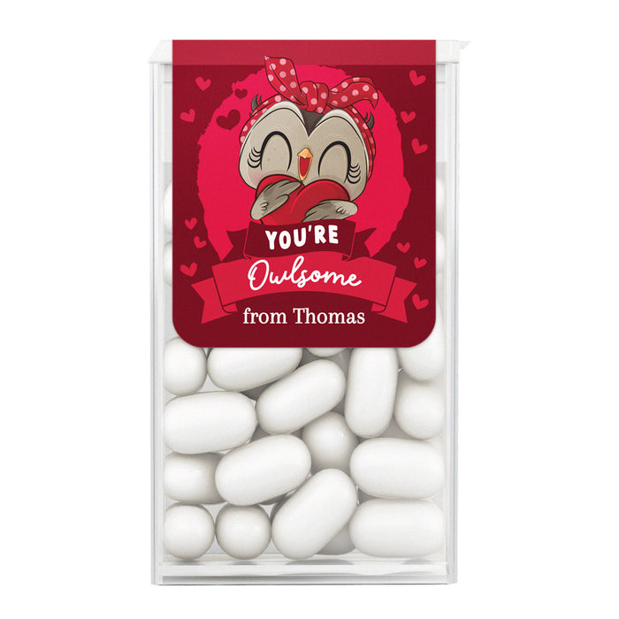 XOXOKristen Tic Tac favor sticker with cartoon owl holding a red heart, playful “You’re Owlsome” text, red background, hearts scattered – XOXOKristen