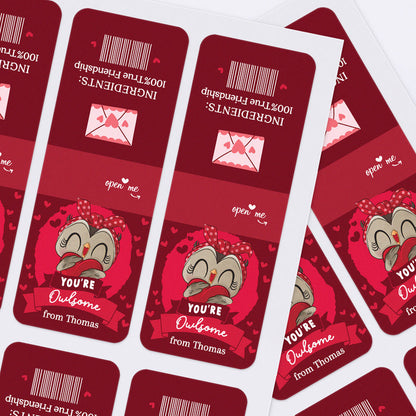 XOXOKristen printed sticker sheets featuring cute owl holding heart, “You’re Owlsome” Valentine message, red and pink tones – XOXOKristen