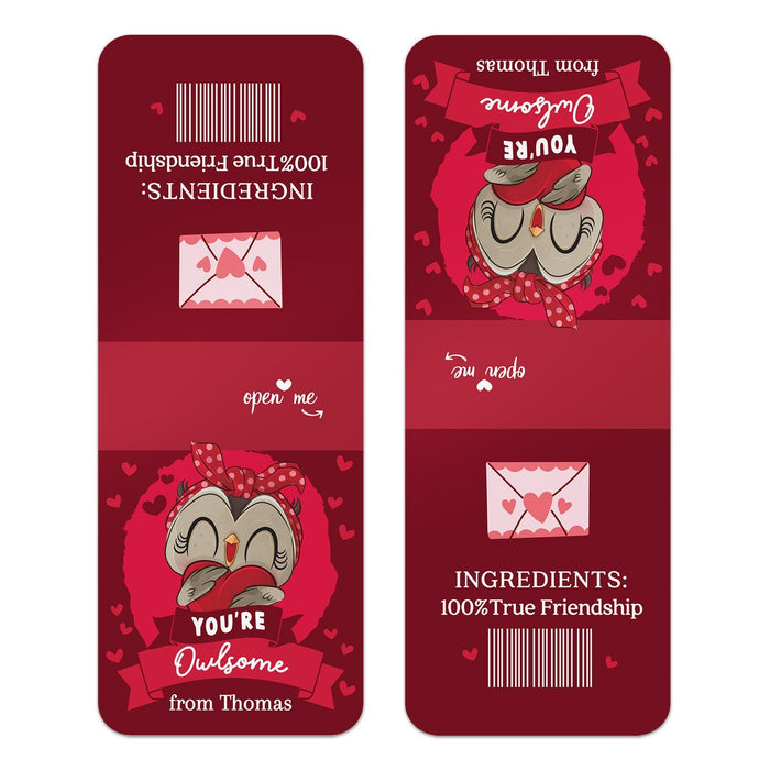 XOXOKristen close-up of personalized Valentine favor sticker with cartoon owl, playful red banner, and love-themed accents – XOXOKristen