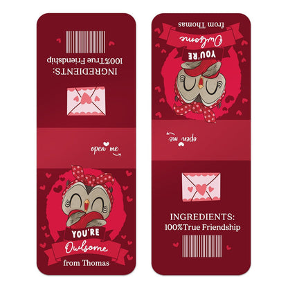 XOXOKristen close-up of personalized Valentine favor sticker with cartoon owl, playful red banner, and love-themed accents – XOXOKristen